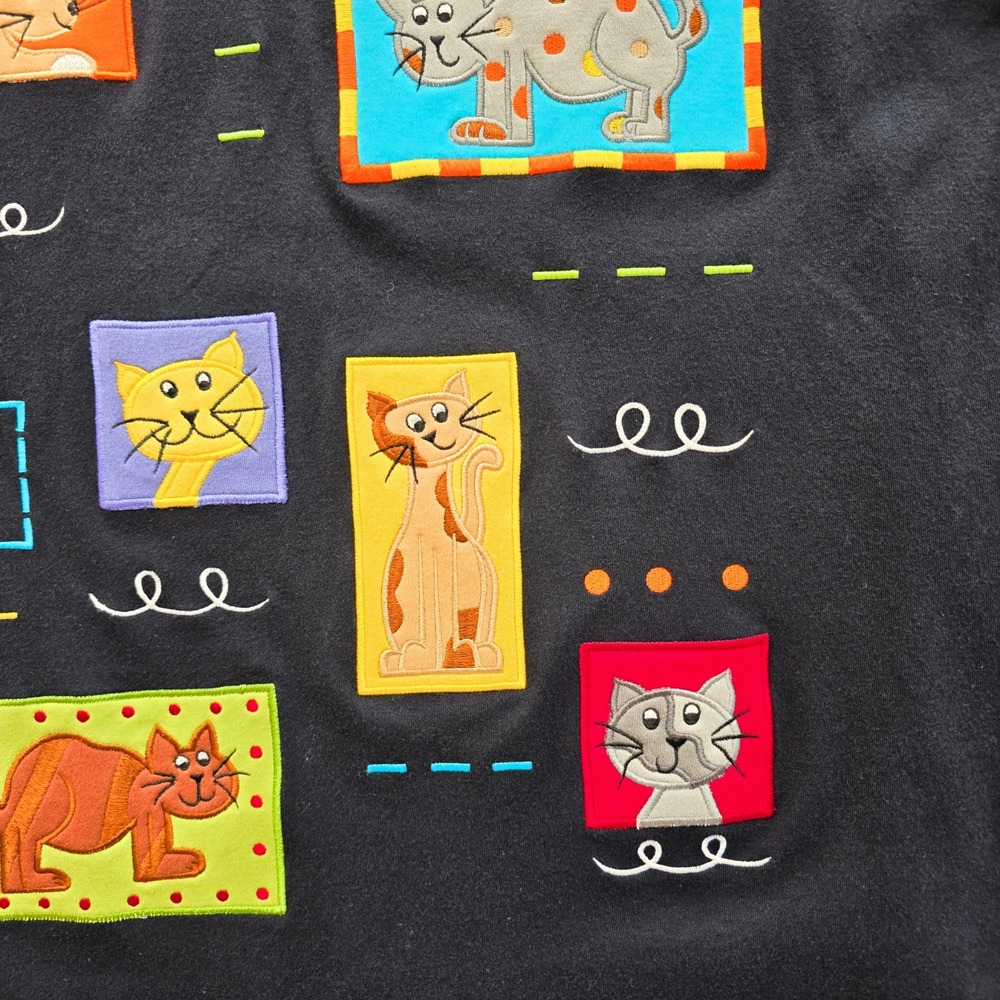 Vintage Wearable Art Cat Shirt Size L Embroidered 90s Mom Colorful Cottagecore - Picture 10 of 14